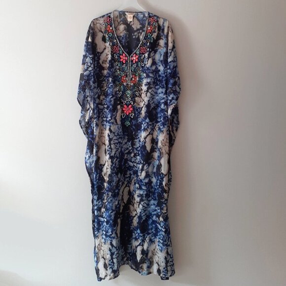 EUC Lucky & Coco blue, black & beige abstract print beaded sequined tunic caftan - Picture 6 of 9
